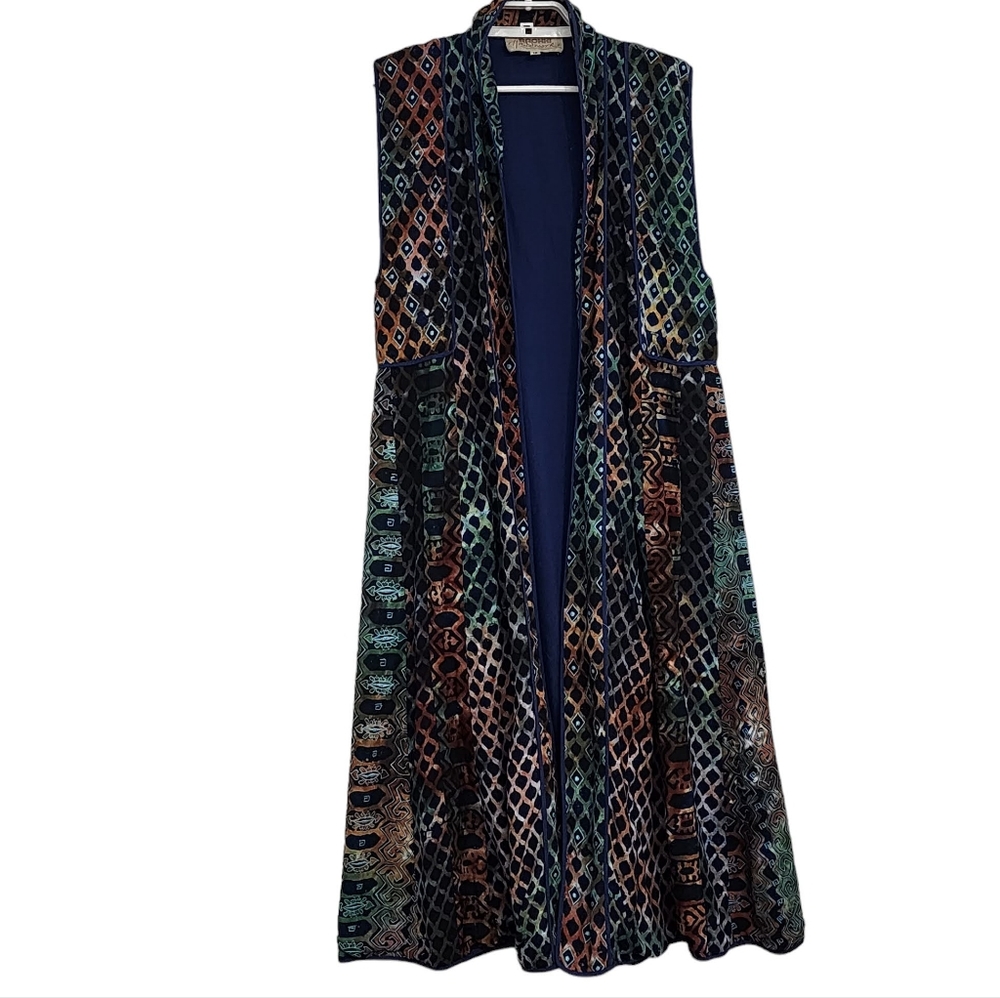 Ahoki Open Front Sleeveless Duster Long Jacket Cardigan Batik Block Print Vest